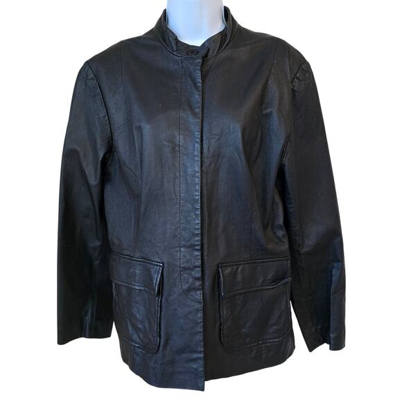 Newport News Black Leather Jacket Mid Length Band Collar Buttoned Coat Women's L - Picture 1 of 8